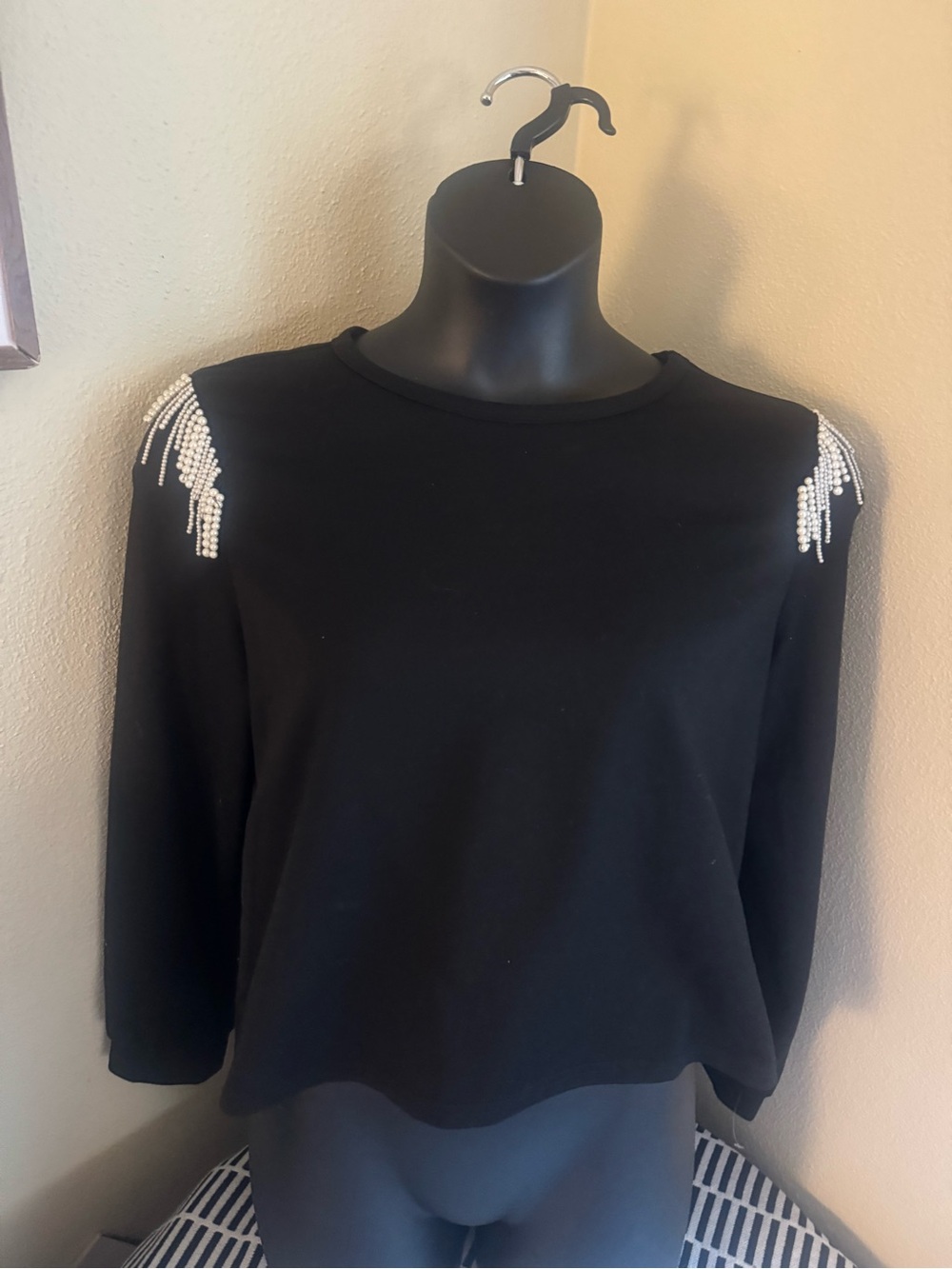 TCEC Black Sweatshirt with Pearl Shoulder Fringe